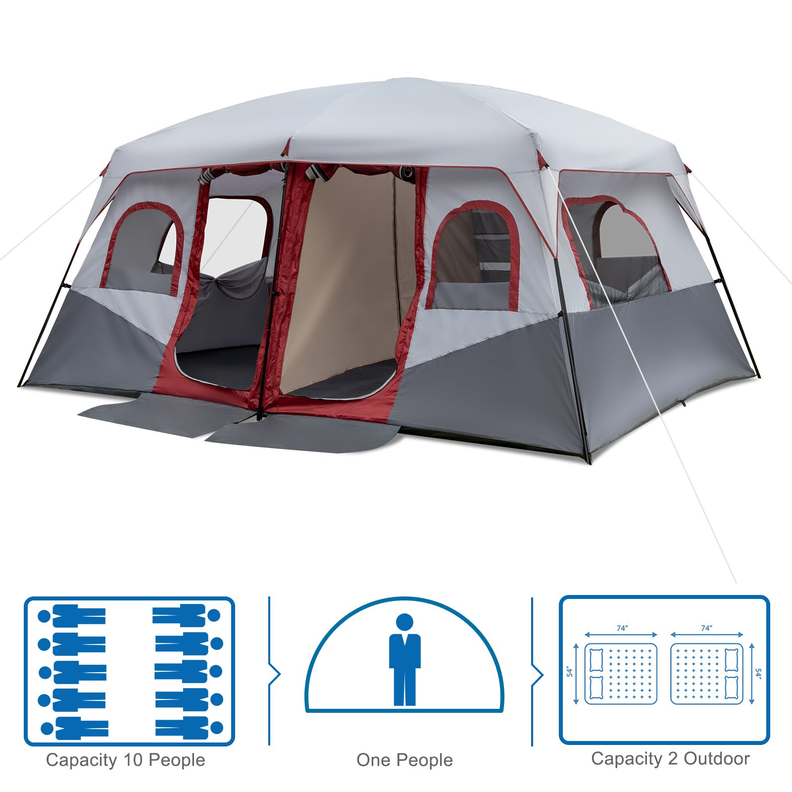 10 Person Red, White, And Gray Two Room Camping Tent