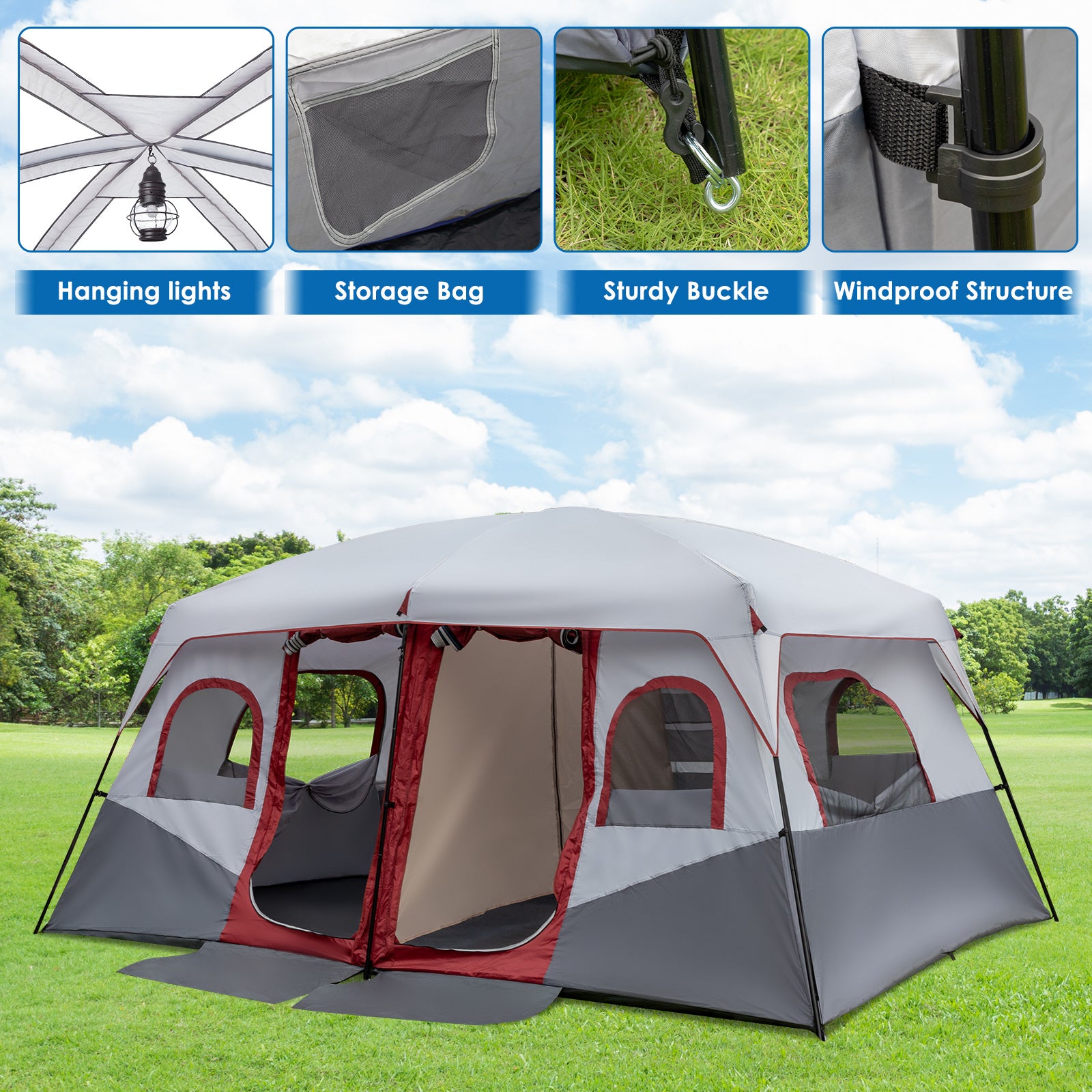 10 Person Red, White, And Gray Two Room Camping Tent